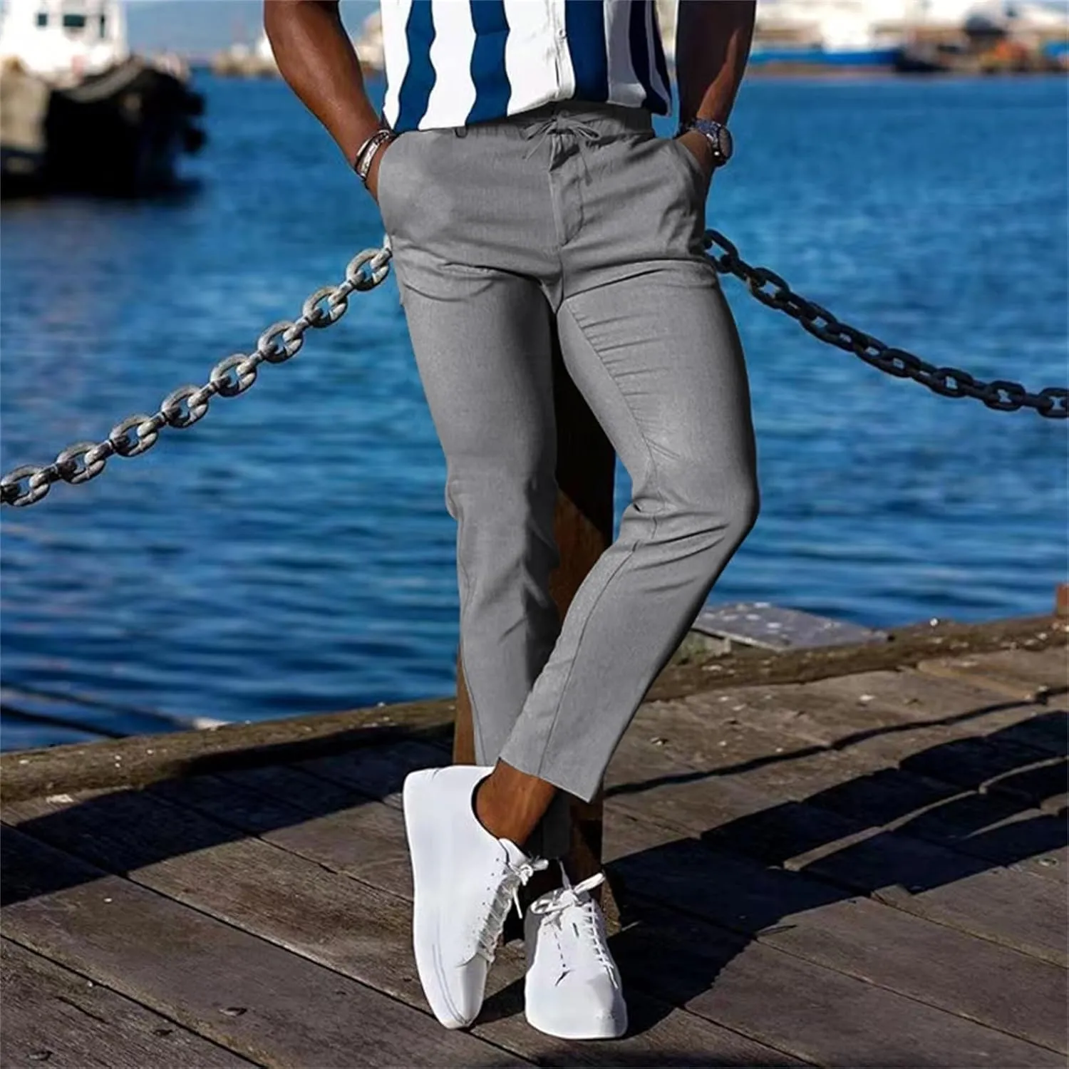 CRNTCEM Mens Tapered Leg Casual Pants Elastic Waist Chinos Cotton Joggers Outdoor Casual Anckle Athletic Work Formal Pant