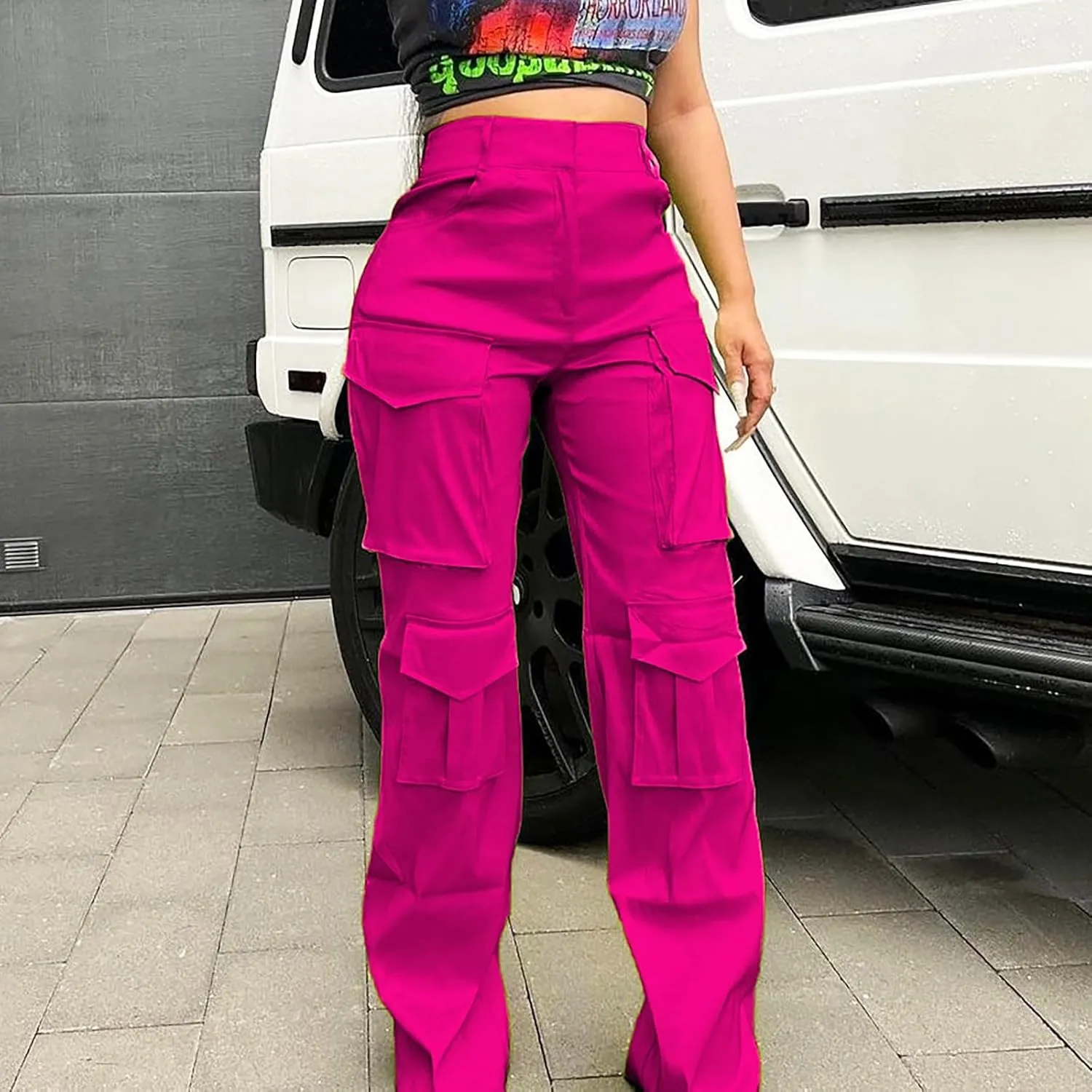 CRNTCEM Straight Leg Cargo Pants for Women Wide Leg Y2K Pants Vintage Streetwear Hip Hop Trousers with Multi Pockets
