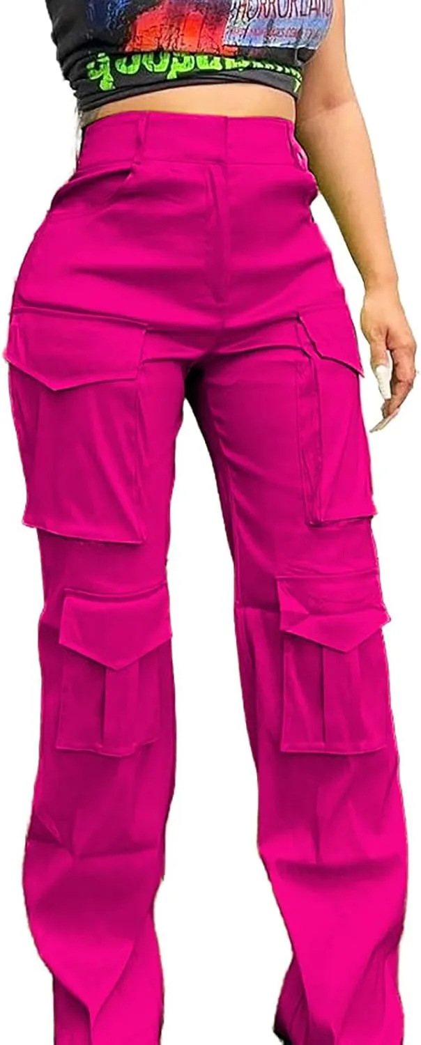 CRNTCEM Straight Leg Cargo Pants for Women Wide Leg Y2K Pants Vintage Streetwear Hip Hop Trousers with Multi Pockets
