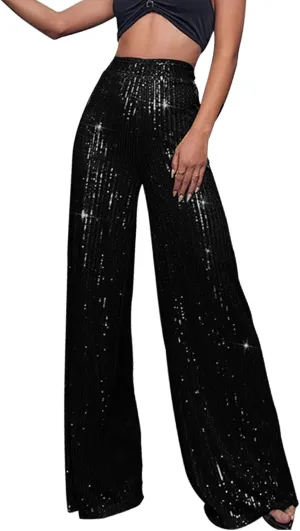 CRNTCEM Women High Waist Sparkle Pants Tummy Control Drape Wide Leg Trouser Lightweight Wedding Party Club Sequin Casual Pant