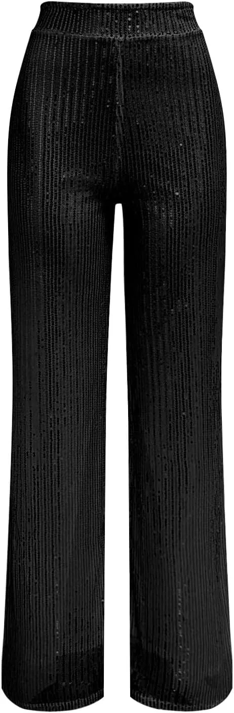 CRNTCEM Women High Waist Sparkle Pants Tummy Control Drape Wide Leg Trouser Lightweight Wedding Party Club Sequin Casual Pant