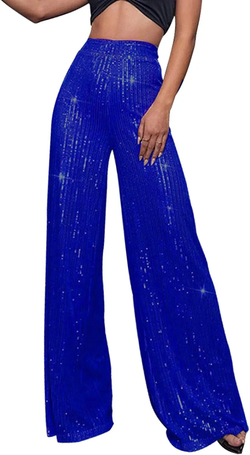 CRNTCEM Women High Waist Sparkle Pants Tummy Control Drape Wide Leg Trouser Lightweight Wedding Party Club Sequin Casual Pant