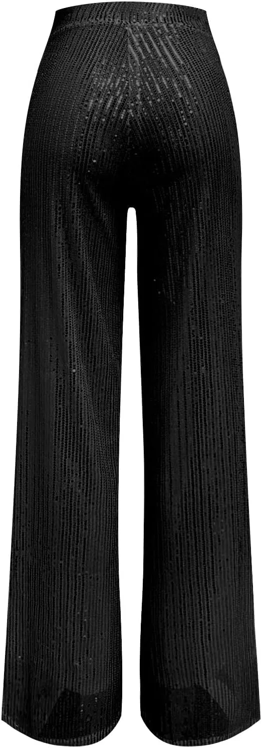 CRNTCEM Women High Waist Sparkle Pants Tummy Control Drape Wide Leg Trouser Lightweight Wedding Party Club Sequin Casual Pant
