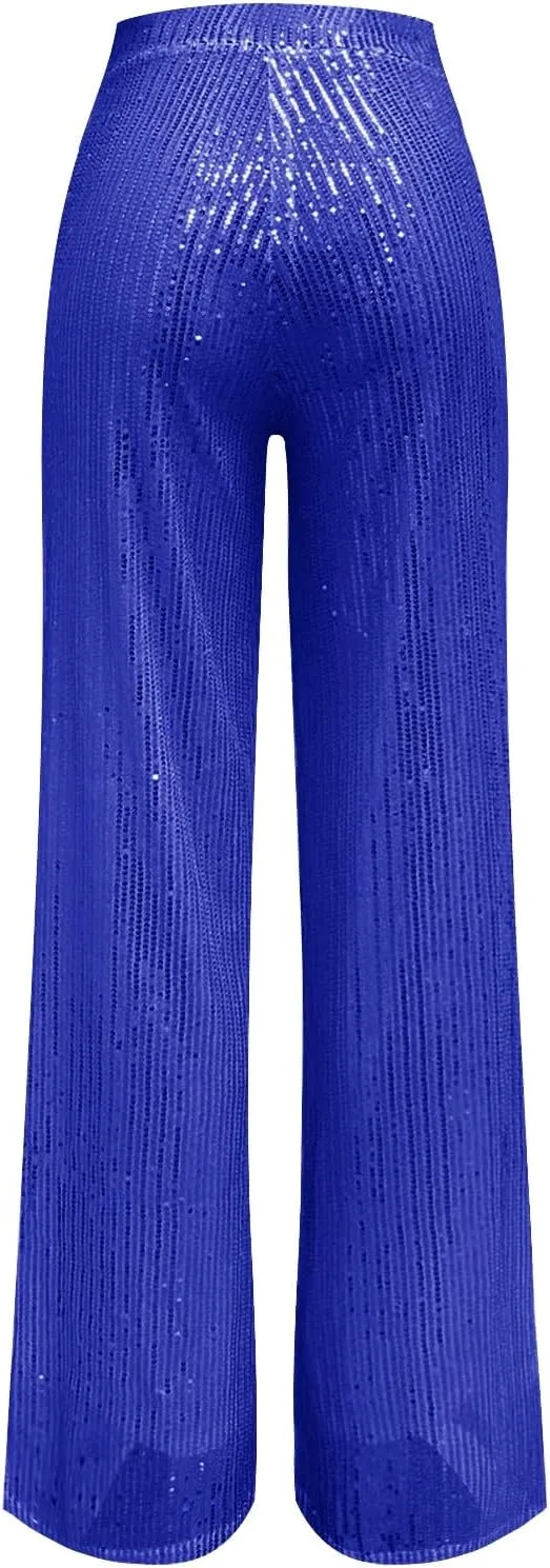 CRNTCEM Women High Waist Sparkle Pants Tummy Control Drape Wide Leg Trouser Lightweight Wedding Party Club Sequin Casual Pant