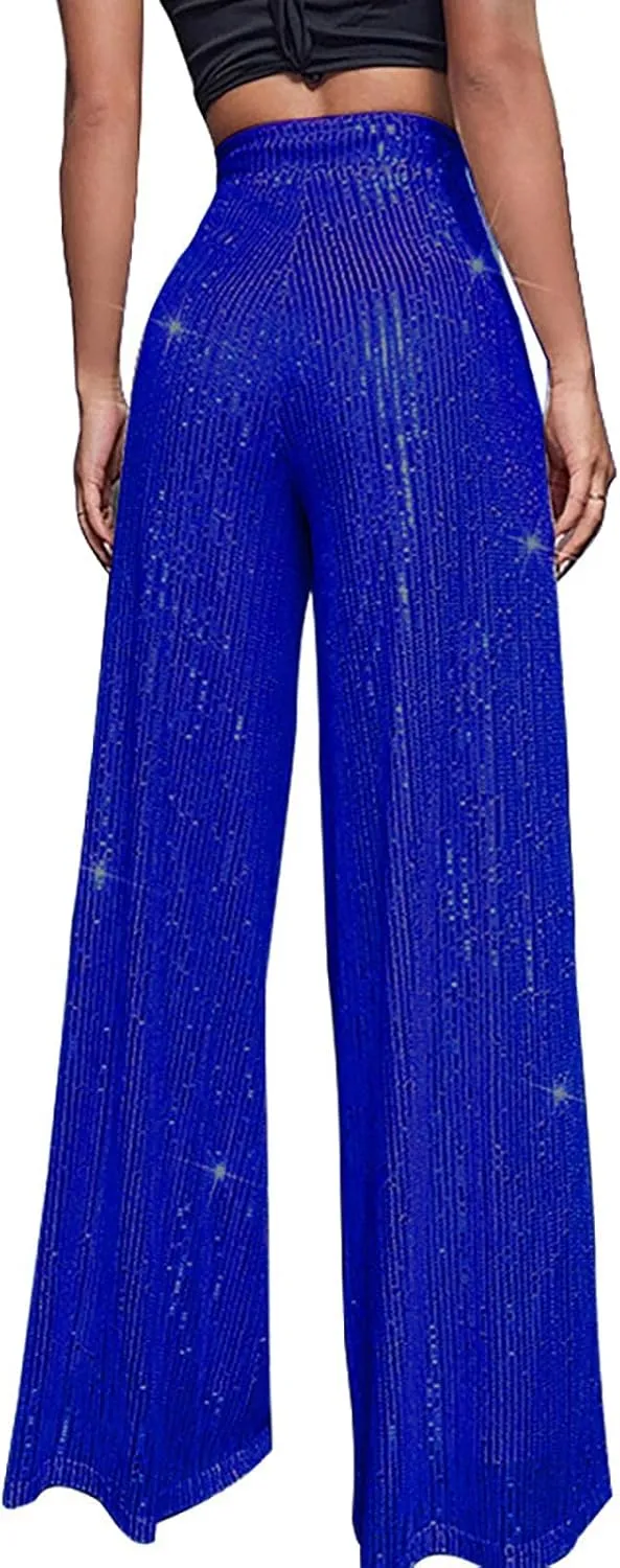 CRNTCEM Women High Waist Sparkle Pants Tummy Control Drape Wide Leg Trouser Lightweight Wedding Party Club Sequin Casual Pant