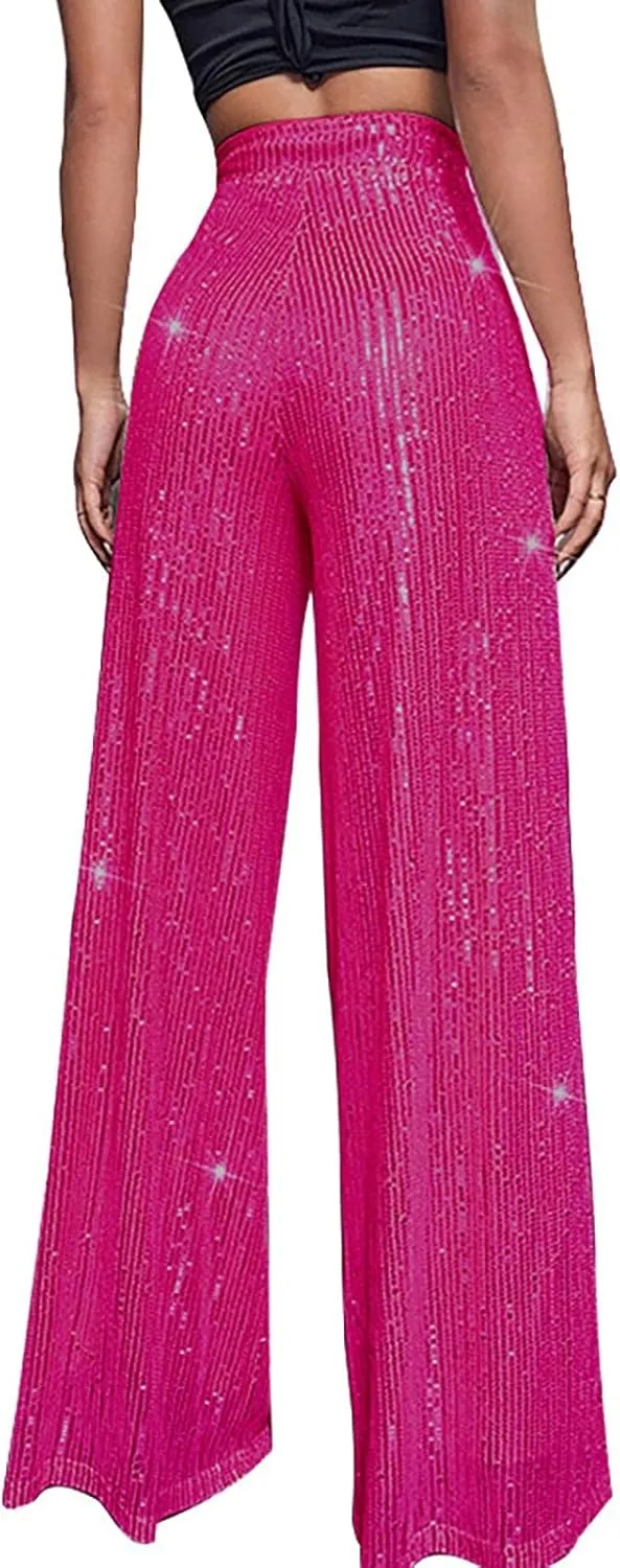 CRNTCEM Women Sparkle Wide Leg Pants Comfy Disco Themed Party Clubwear Vintage Y2K Pants High Wasit Straight Trousers