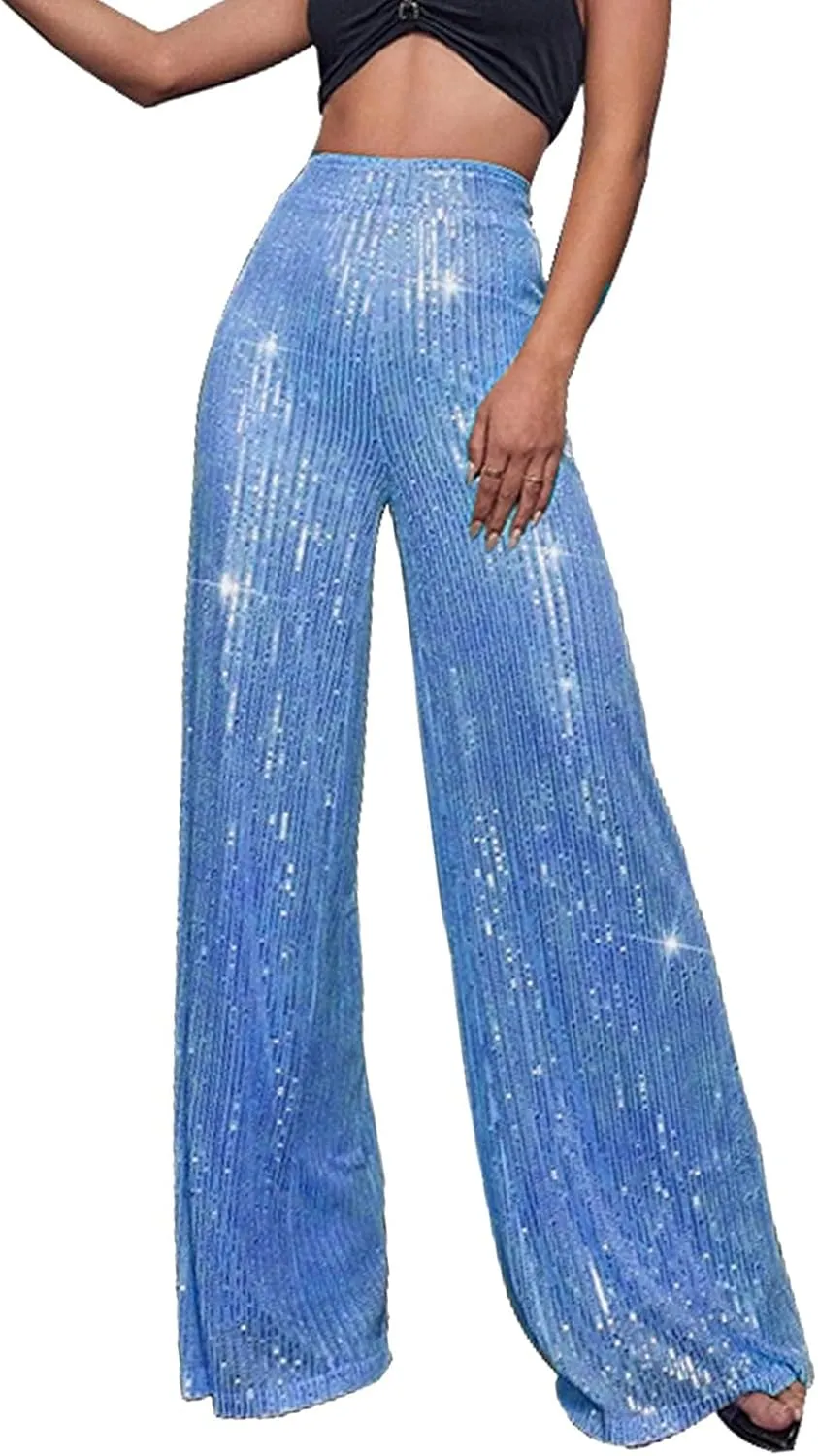 CRNTCEM Women Sparkle Wide Leg Pants Comfy Disco Themed Party Clubwear Vintage Y2K Pants High Wasit Straight Trousers