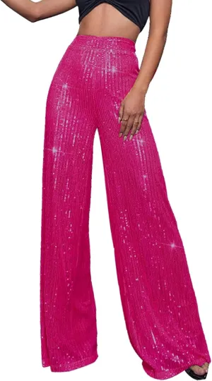 CRNTCEM Women Sparkle Wide Leg Pants Comfy Disco Themed Party Clubwear Vintage Y2K Pants High Wasit Straight Trousers