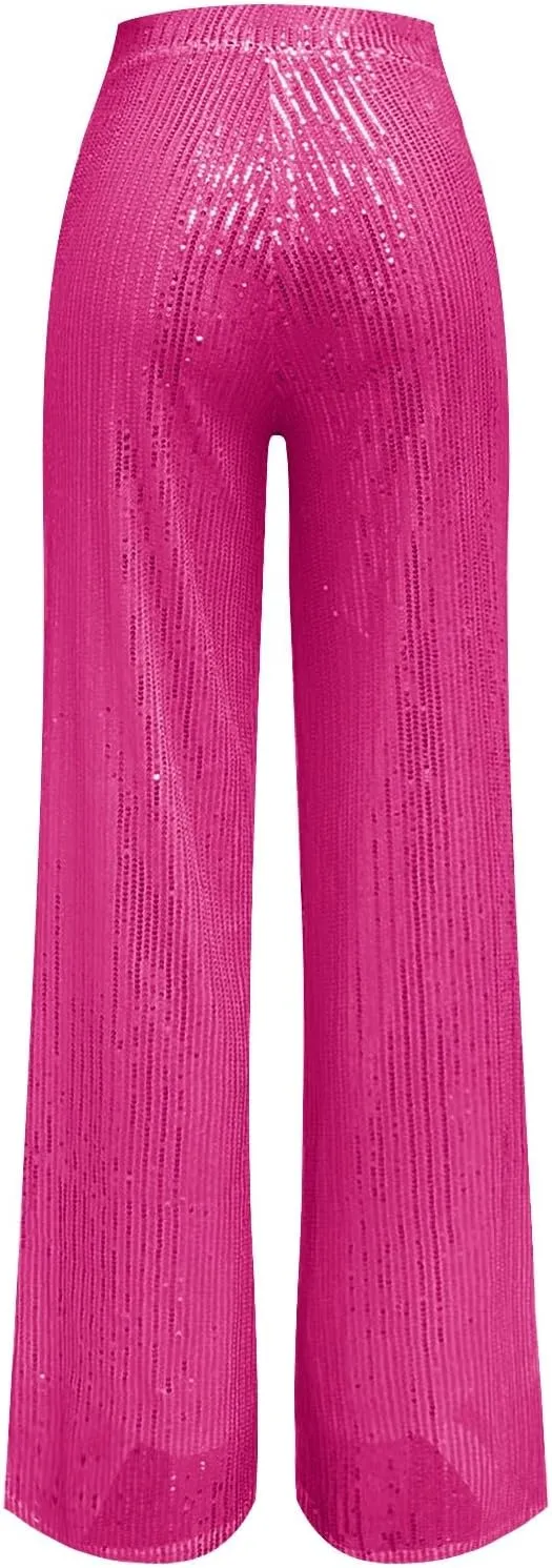 CRNTCEM Women Sparkle Wide Leg Pants Comfy Disco Themed Party Clubwear Vintage Y2K Pants High Wasit Straight Trousers