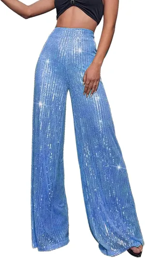 CRNTCEM Women Sparkle Wide Leg Pants Comfy Disco Themed Party Clubwear Vintage Y2K Pants High Wasit Straight Trousers