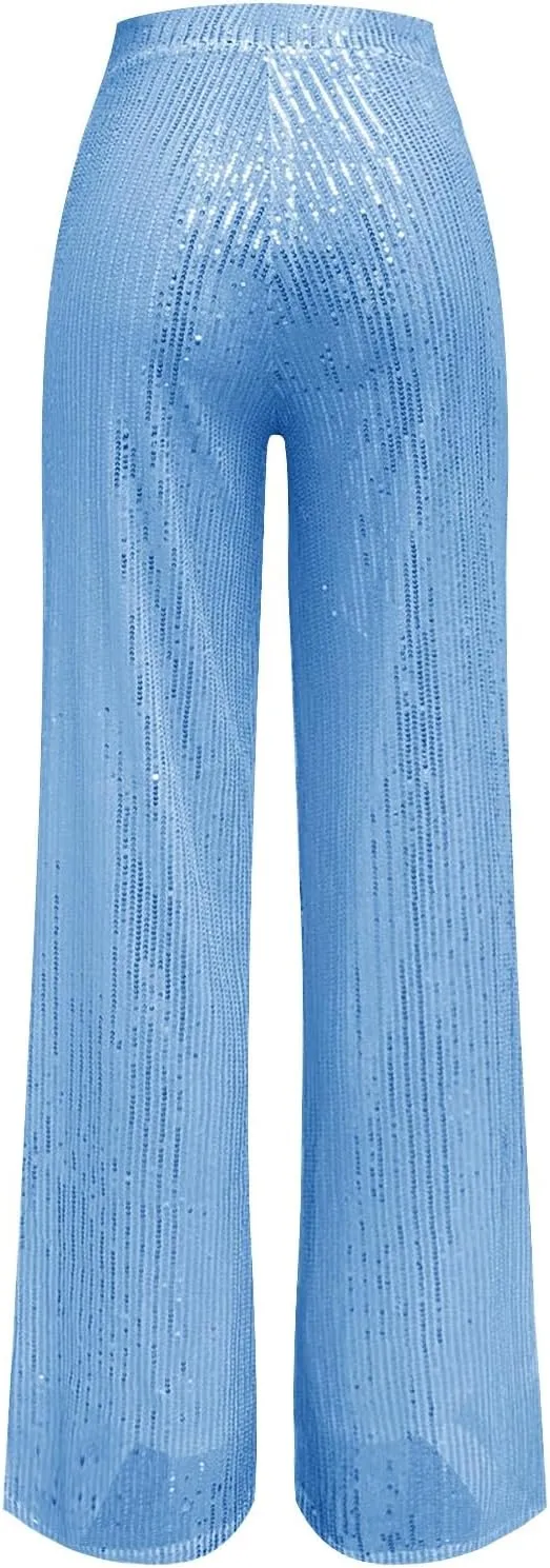 CRNTCEM Women Sparkle Wide Leg Pants Comfy Disco Themed Party Clubwear Vintage Y2K Pants High Wasit Straight Trousers