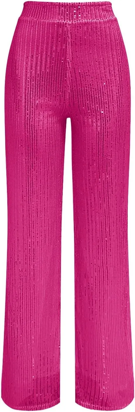 CRNTCEM Women Sparkle Wide Leg Pants Comfy Disco Themed Party Clubwear Vintage Y2K Pants High Wasit Straight Trousers