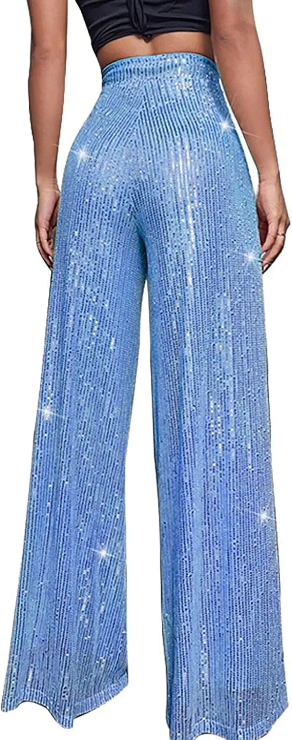 CRNTCEM Women Sparkle Wide Leg Pants Comfy Disco Themed Party Clubwear Vintage Y2K Pants High Wasit Straight Trousers