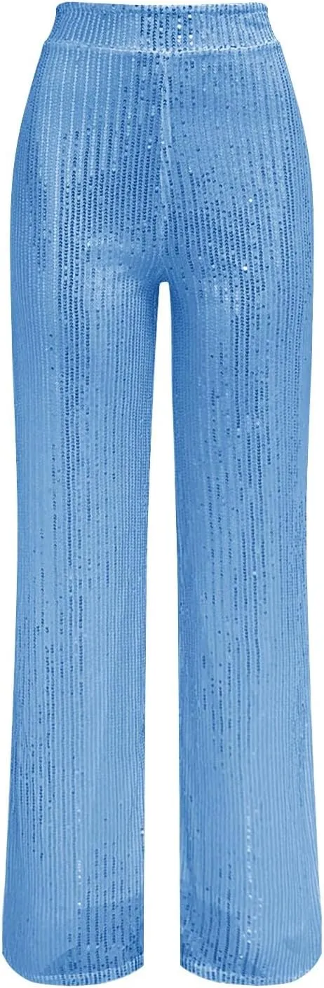 CRNTCEM Women Sparkle Wide Leg Pants Comfy Disco Themed Party Clubwear Vintage Y2K Pants High Wasit Straight Trousers