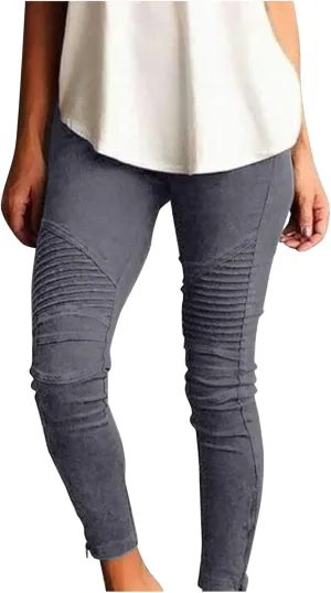 CRNTCEM Womens Cotton Moto Leggings High Waist Stretch Skinny Motorcycle Biker Pants Ankle Zipper Pleated Pull-On Pencil Pant