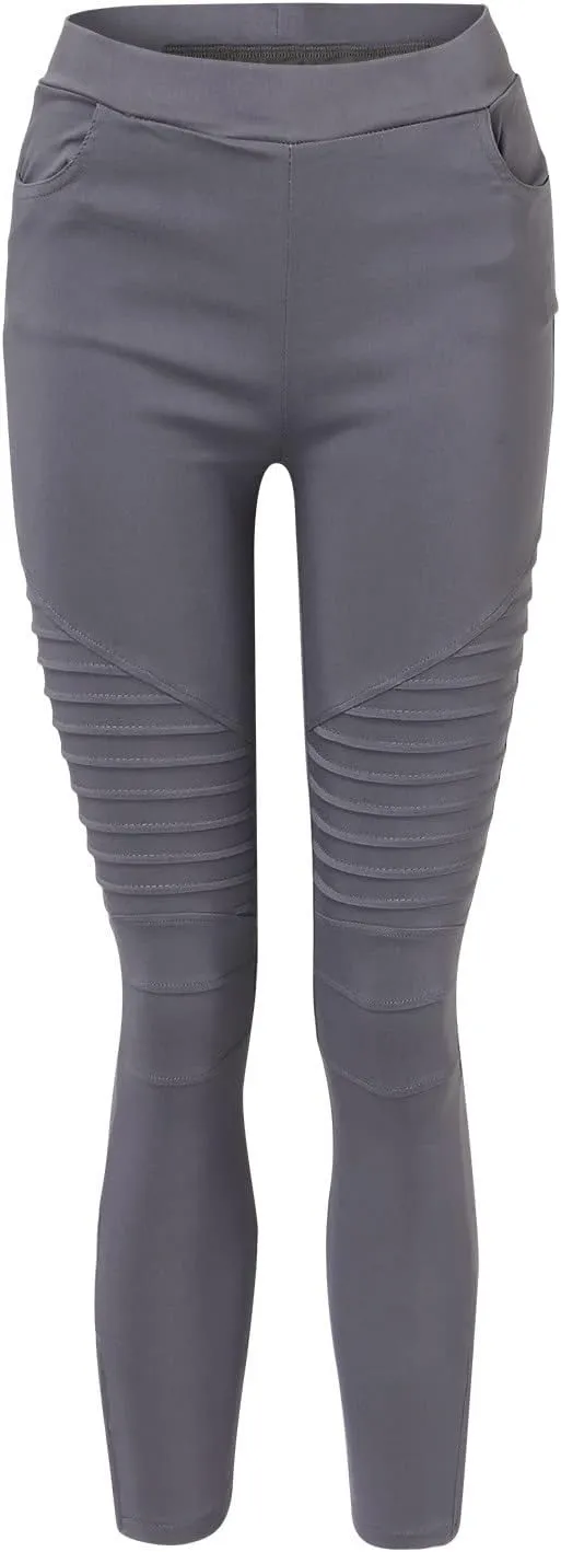 CRNTCEM Womens Cotton Moto Leggings High Waist Stretch Skinny Motorcycle Biker Pants Ankle Zipper Pleated Pull-On Pencil Pant