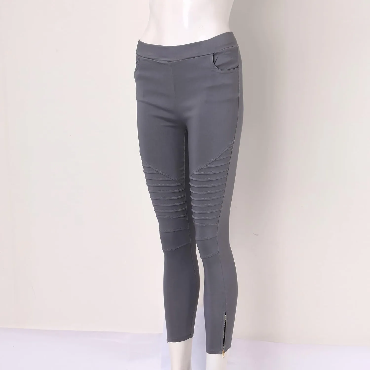 CRNTCEM Womens Cotton Moto Leggings High Waist Stretch Skinny Motorcycle Biker Pants Ankle Zipper Pleated Pull-On Pencil Pant