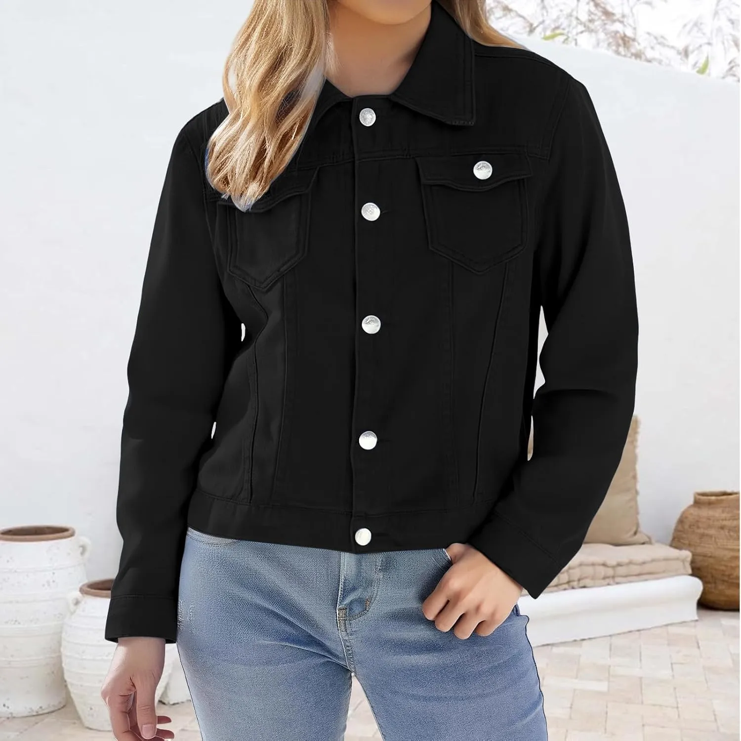 Cropped Denim Jacket for Women Lightweight Basic Button Down Stretch Fitted Long Sleeves Jean Jacket with Pockets