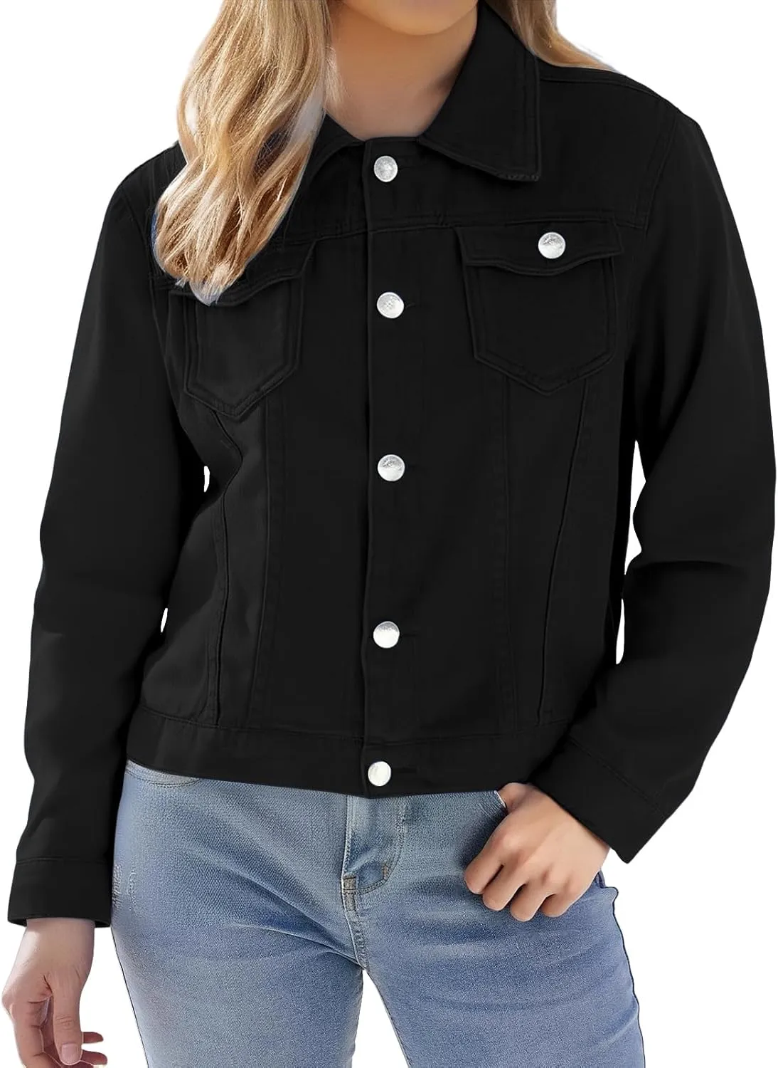 Cropped Denim Jacket for Women Lightweight Basic Button Down Stretch Fitted Long Sleeves Jean Jacket with Pockets