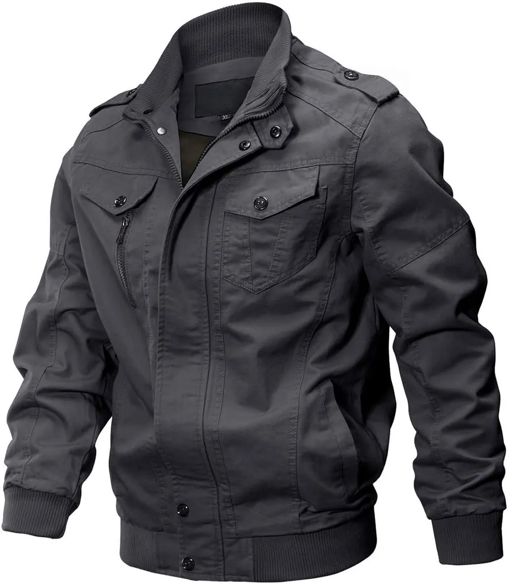 CRYSULLY Men's Spring Fall Casual Windbreaker Jacket Cargo Stand Collar Military Bomber Jackets Coat