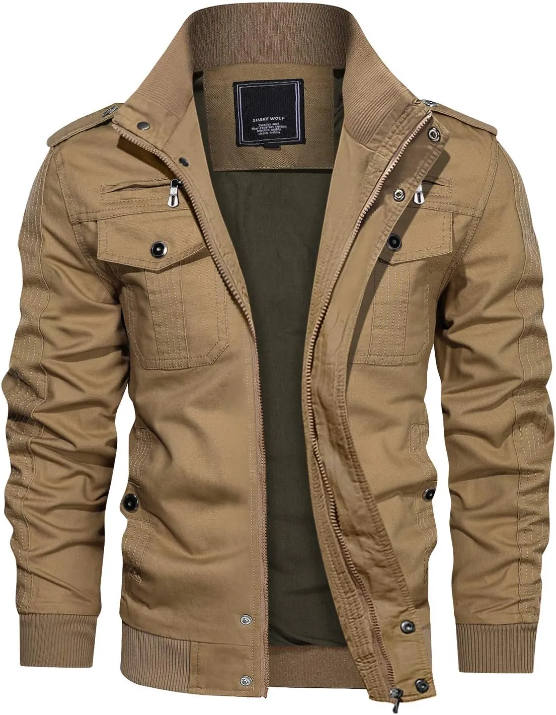 CRYSULLY Men's Spring Fall Casual Windbreaker Jacket Cargo Stand Collar Military Bomber Jackets Coat