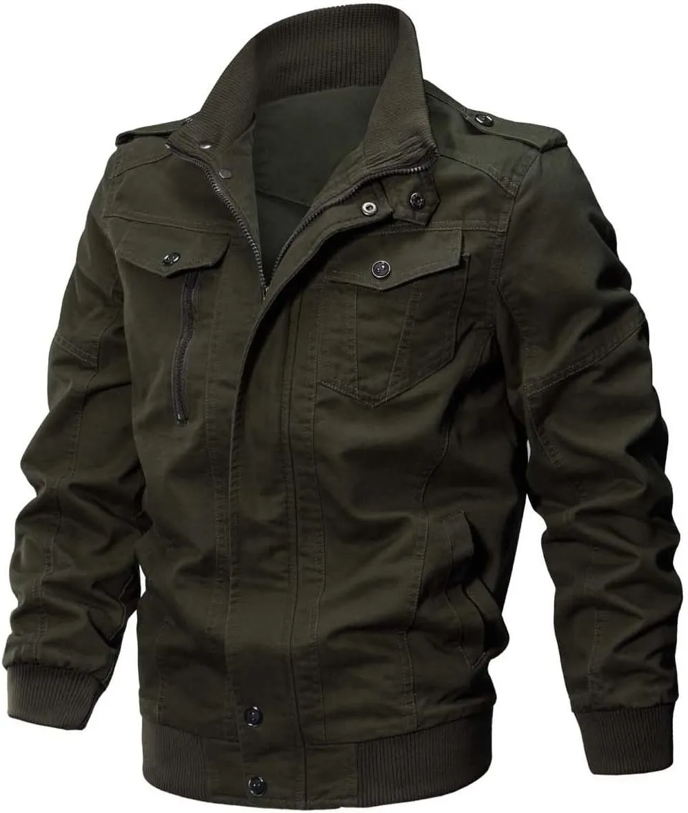 CRYSULLY Men's Spring Fall Casual Windbreaker Jacket Cargo Stand Collar Military Bomber Jackets Coat
