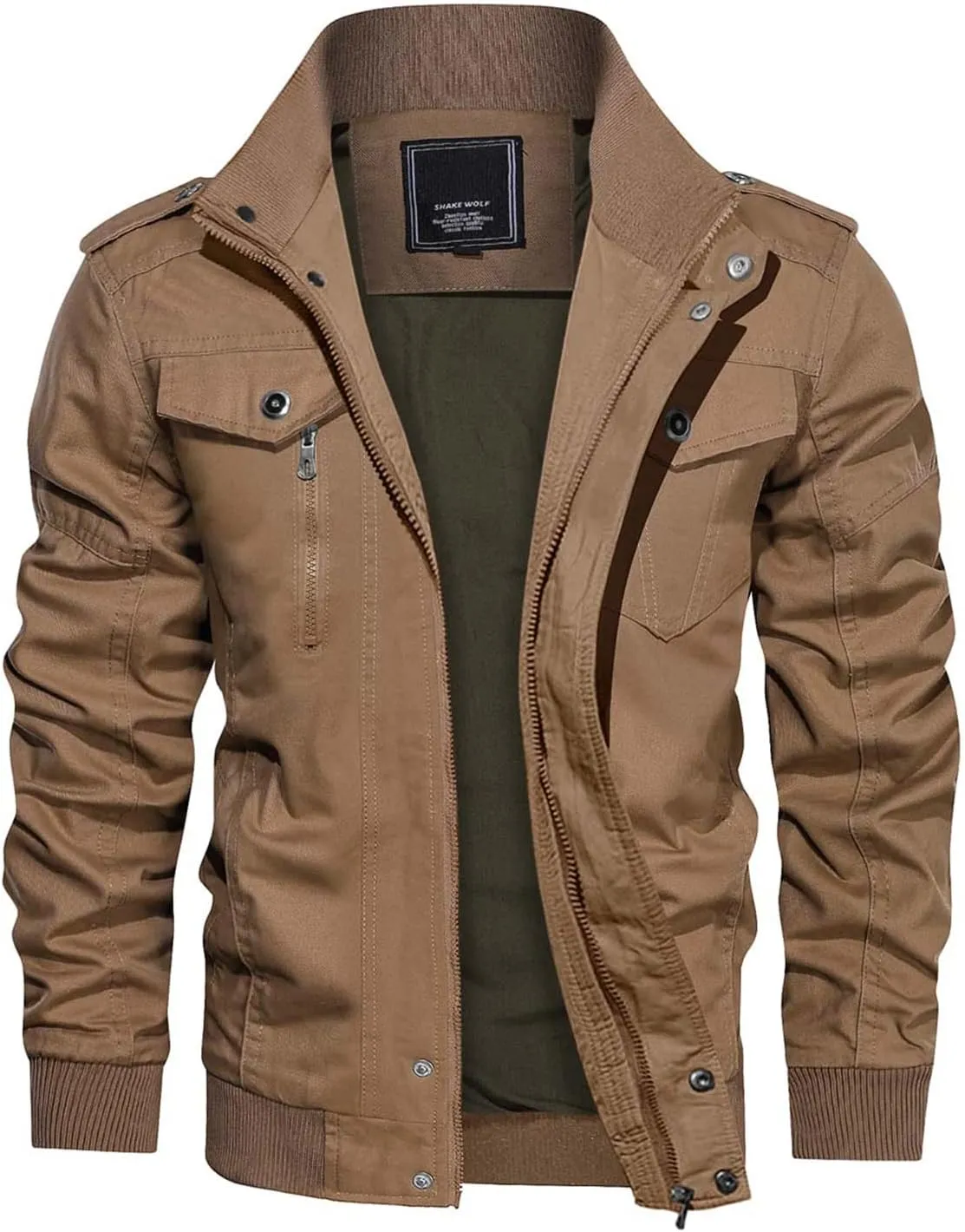 CRYSULLY Men's Spring Fall Casual Windbreaker Jacket Cargo Stand Collar Military Bomber Jackets Coat