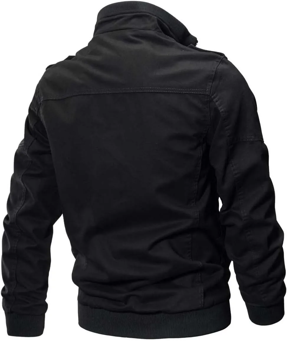CRYSULLY Men's Spring Fall Casual Windbreaker Jacket Cargo Stand Collar Military Bomber Jackets Coat