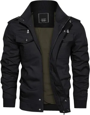 CRYSULLY Men's Spring Fall Casual Windbreaker Jacket Cargo Stand Collar Military Bomber Jackets Coat