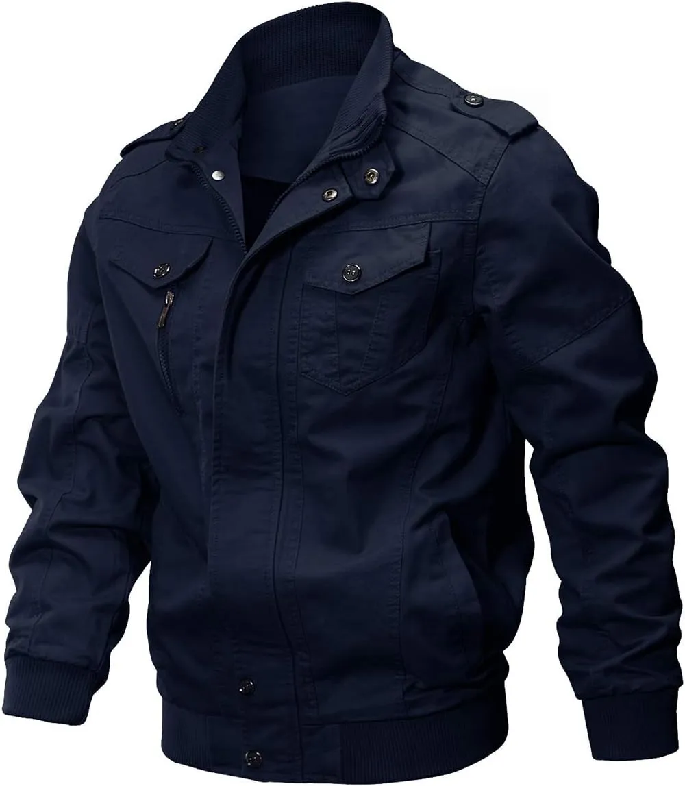 CRYSULLY Men's Spring Fall Casual Windbreaker Jacket Cargo Stand Collar Military Bomber Jackets Coat