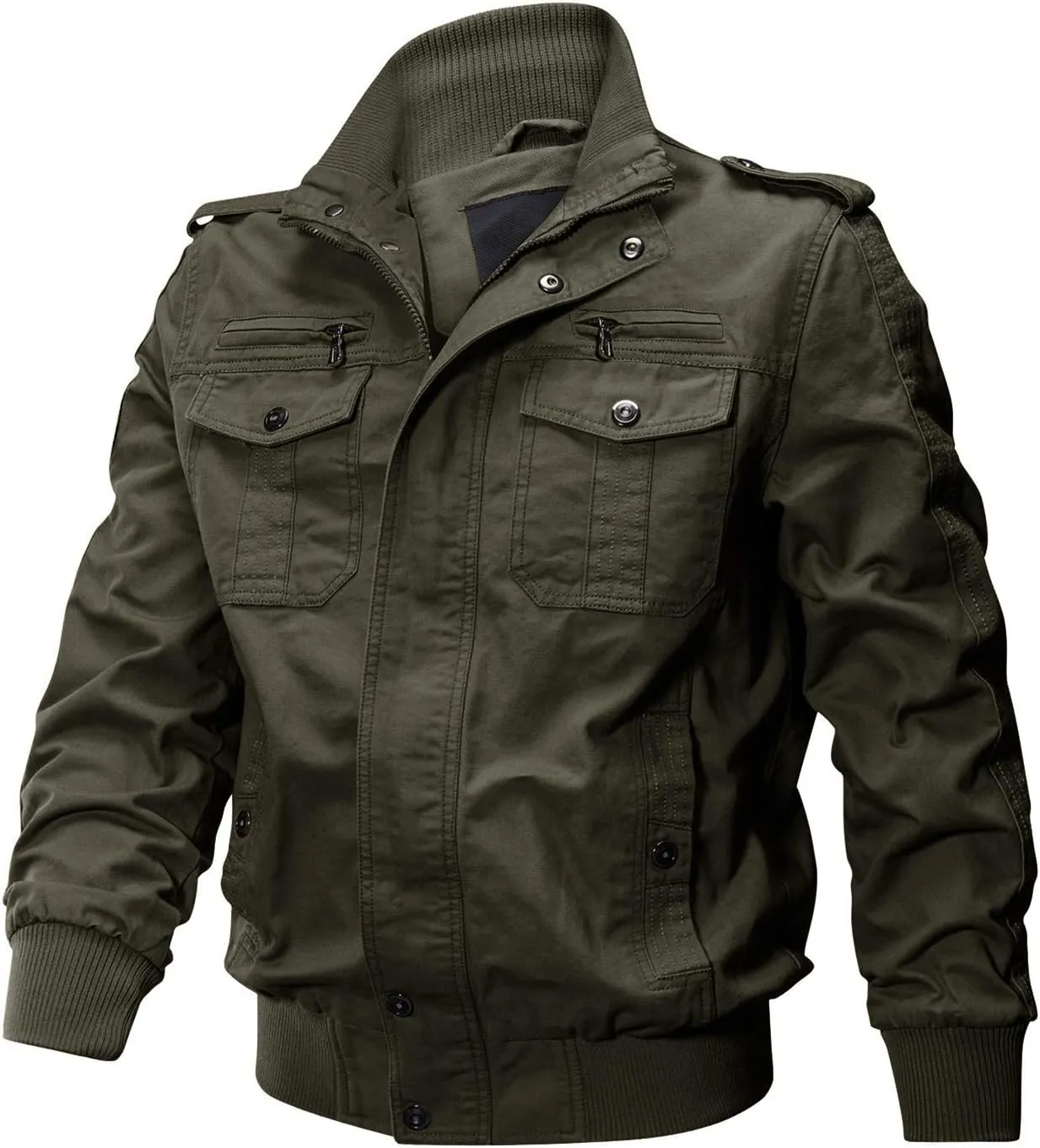 CRYSULLY Men's Spring Fall Casual Windbreaker Jacket Cargo Stand Collar Military Bomber Jackets Coat