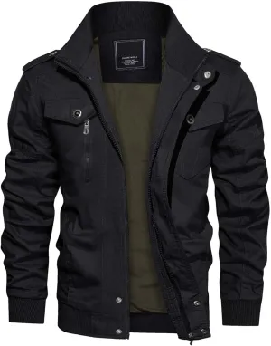 CRYSULLY Men's Spring Fall Casual Windbreaker Jacket Cargo Stand Collar Military Bomber Jackets Coat