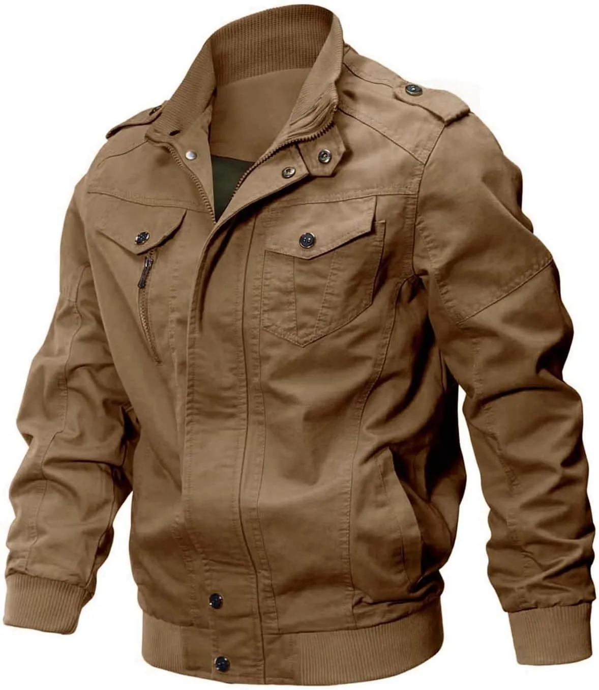 CRYSULLY Men's Spring Fall Casual Windbreaker Jacket Cargo Stand Collar Military Bomber Jackets Coat