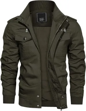 CRYSULLY Men's Spring Fall Casual Windbreaker Jacket Cargo Stand Collar Military Bomber Jackets Coat