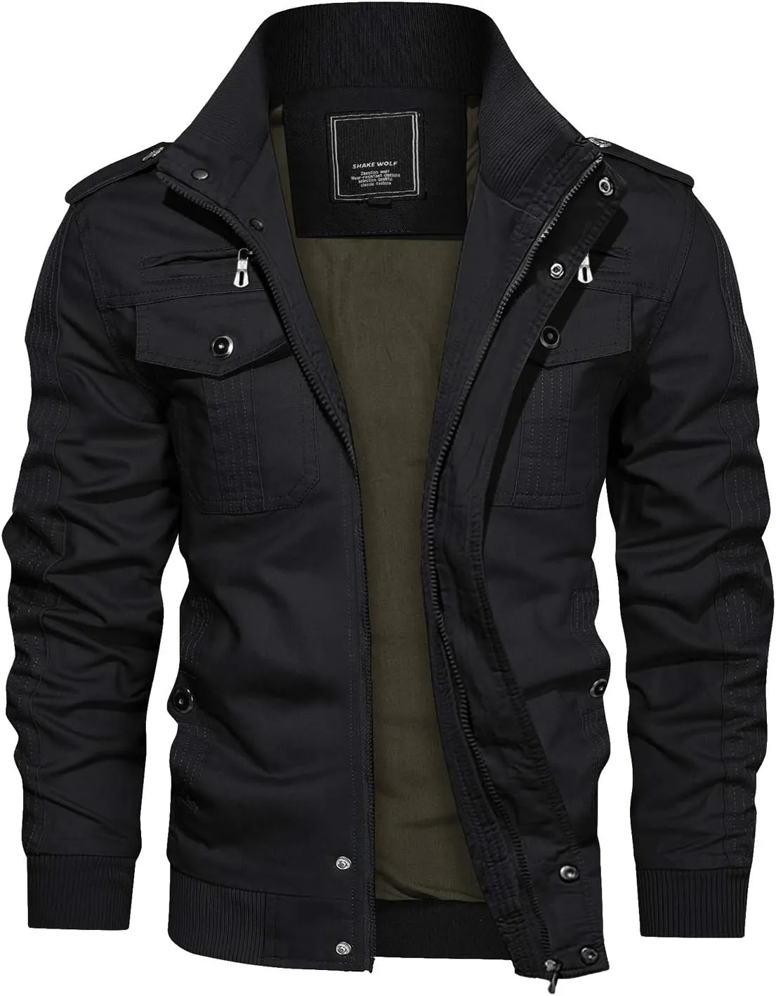 CRYSULLY Men's Spring Fall Casual Windbreaker Jacket Cargo Stand Collar Military Bomber Jackets Coat