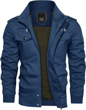 CRYSULLY Men's Spring Fall Casual Windbreaker Jacket Cargo Stand Collar Military Bomber Jackets Coat