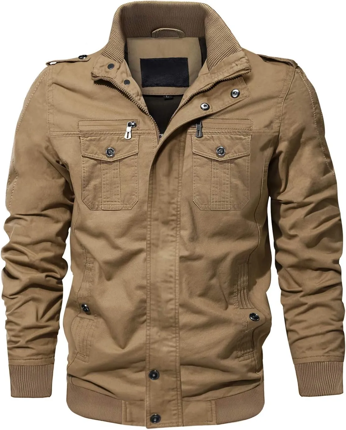 CRYSULLY Men's Spring Fall Casual Windbreaker Jacket Cargo Stand Collar Military Bomber Jackets Coat