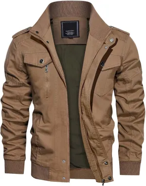 CRYSULLY Men's Spring Fall Casual Windbreaker Jacket Cargo Stand Collar Military Bomber Jackets Coat
