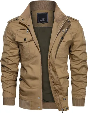 CRYSULLY Men's Spring Fall Casual Windbreaker Jacket Cargo Stand Collar Military Bomber Jackets Coat