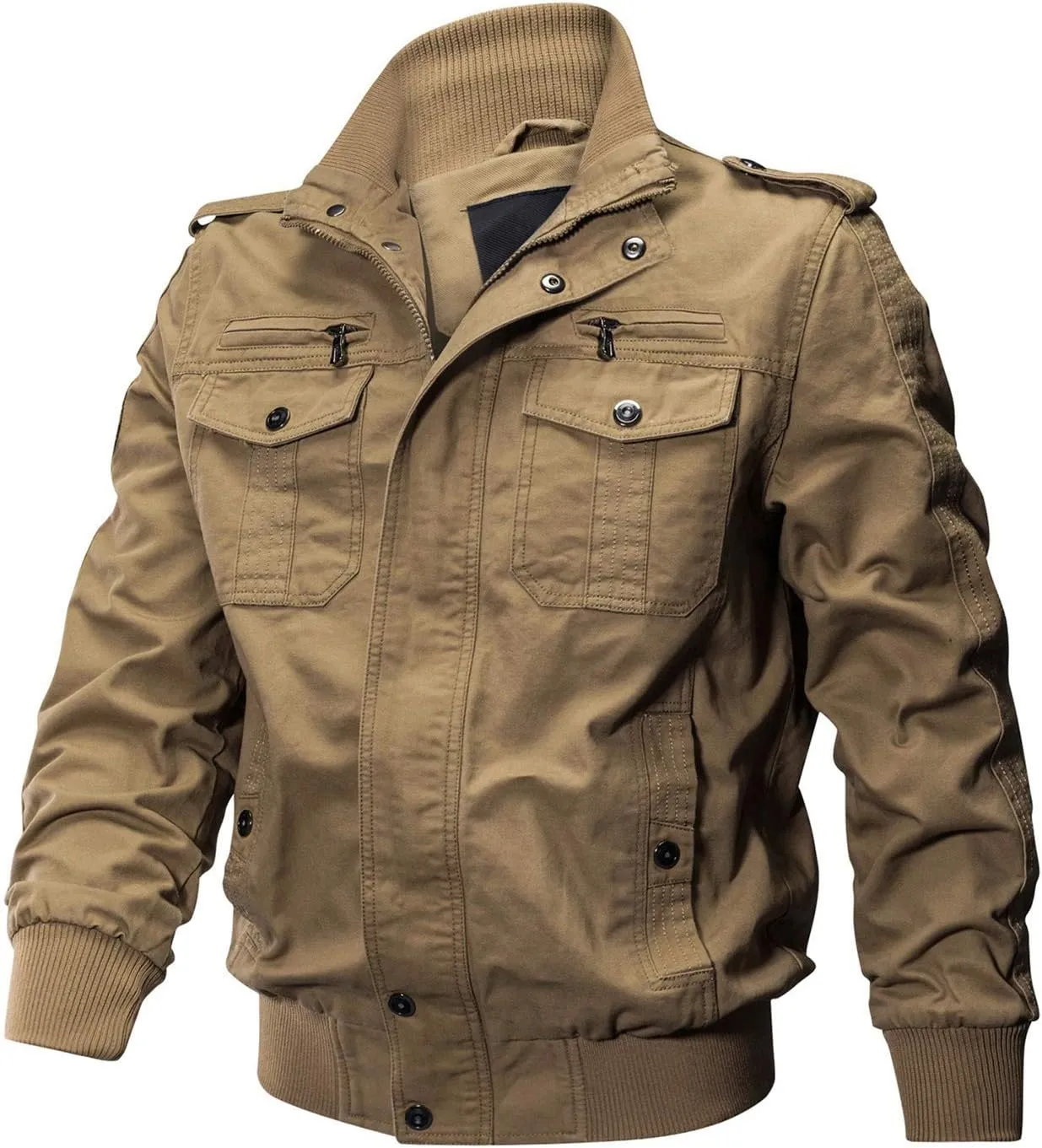 CRYSULLY Men's Spring Fall Casual Windbreaker Jacket Cargo Stand Collar Military Bomber Jackets Coat