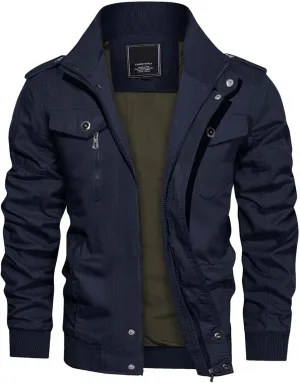 CRYSULLY Men's Spring Fall Casual Windbreaker Jacket Cargo Stand Collar Military Bomber Jackets Coat