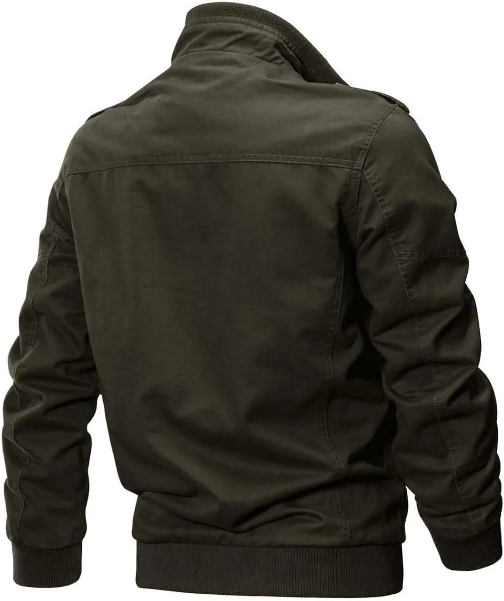 CRYSULLY Men's Spring Fall Casual Windbreaker Jacket Cargo Stand Collar Military Bomber Jackets Coat