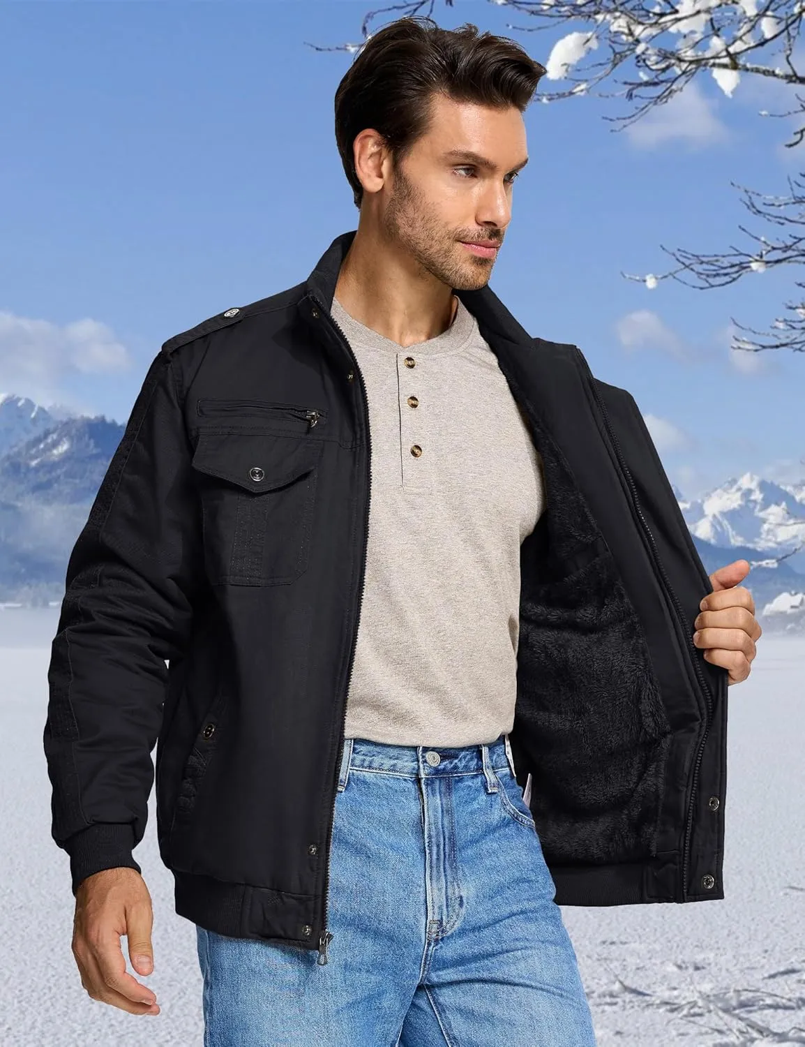 CRYSULLY Men's Winter Casual Thicken Multi Pocket Field Jacket Outwear Fleece Cargo Jackets Coat