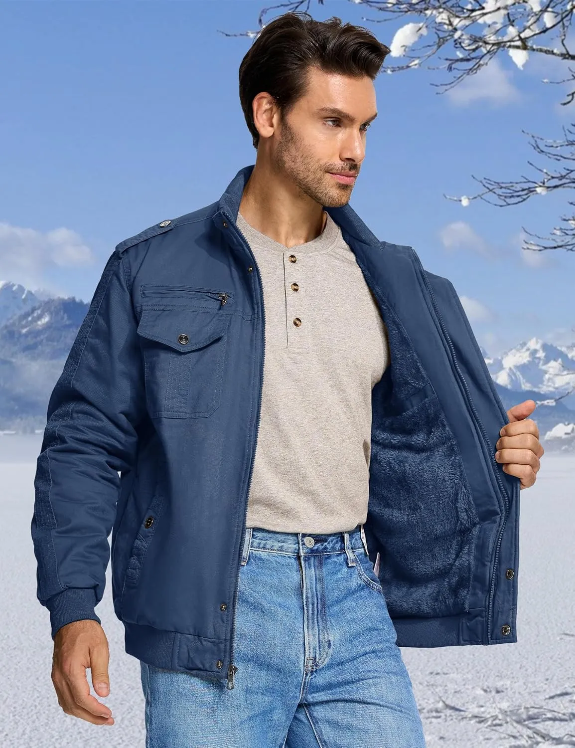 CRYSULLY Men's Winter Casual Thicken Multi Pocket Field Jacket Outwear Fleece Cargo Jackets Coat