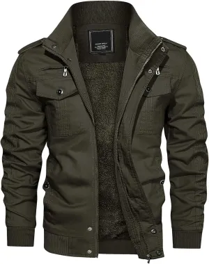 CRYSULLY Men's Winter Casual Thicken Multi Pocket Field Jacket Outwear Fleece Cargo Jackets Coat