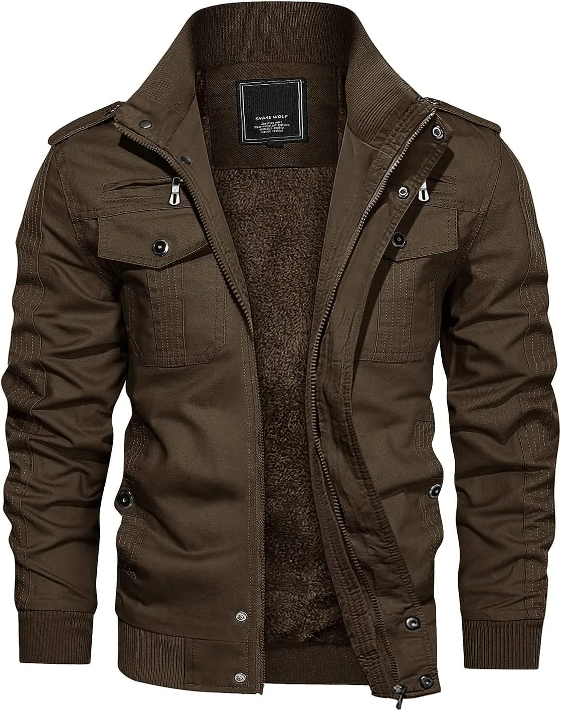 CRYSULLY Men's Winter Casual Thicken Multi Pocket Field Jacket Outwear Fleece Cargo Jackets Coat