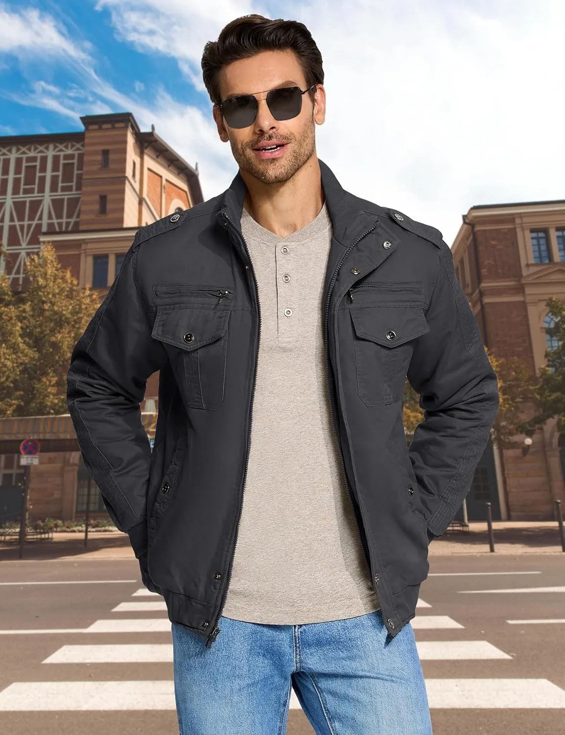 CRYSULLY Men's Winter Casual Thicken Multi Pocket Field Jacket Outwear Fleece Cargo Jackets Coat