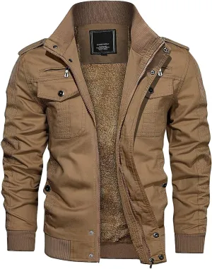 CRYSULLY Men's Winter Casual Thicken Multi Pocket Field Jacket Outwear Fleece Cargo Jackets Coat