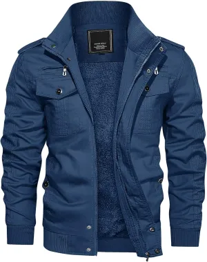 CRYSULLY Men's Winter Casual Thicken Multi Pocket Field Jacket Outwear Fleece Cargo Jackets Coat