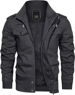 CRYSULLY Men's Winter Casual Thicken Multi Pocket Field Jacket Outwear Fleece Cargo Jackets Coat